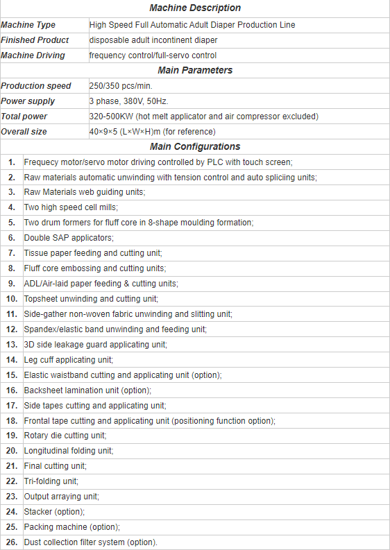 Especificaci&oacute;n de la m&aacute;quina de pa&ntilde;ales para adultos